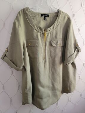 Minimalist Linen Pullover Top by Ellen Tracy • Olive Green • Size 2X
